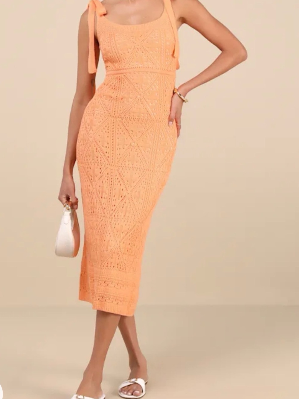 Lulu's Peach Crochet Tie-Shoulder Midi Skirt Dress